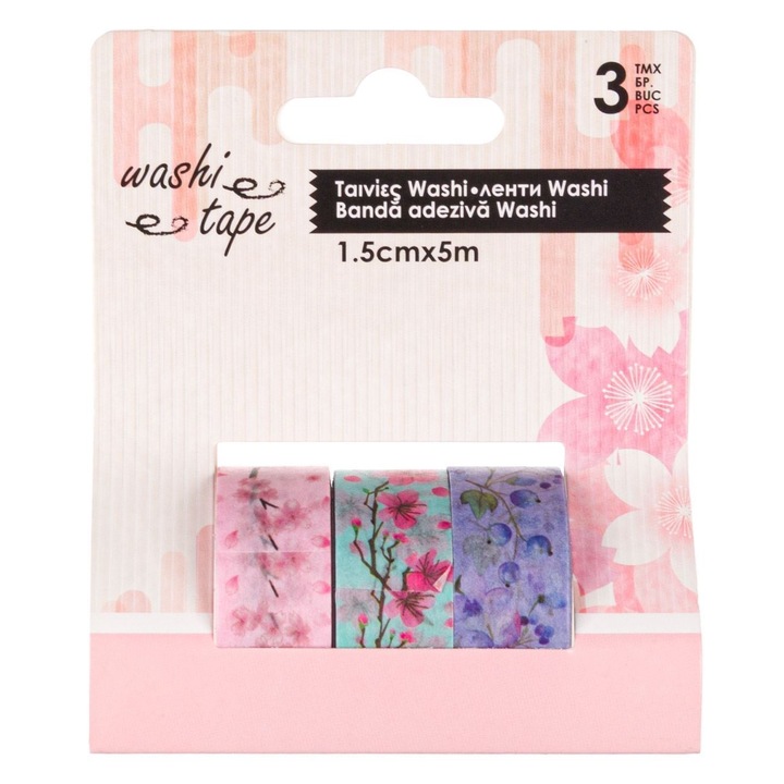 Banda Washi Tape Ramura cu Flori 5m x 1.5cm - 3buc