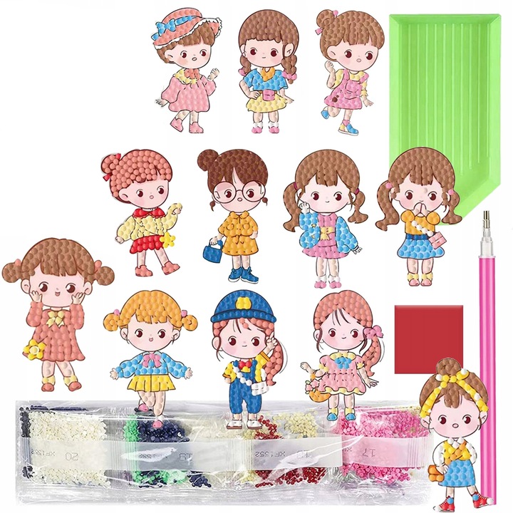 Set creativ 12 stickere mozaic cu diamante, Zola, model fetite, autocolante cu sablon, diamante, aplicator, tavita