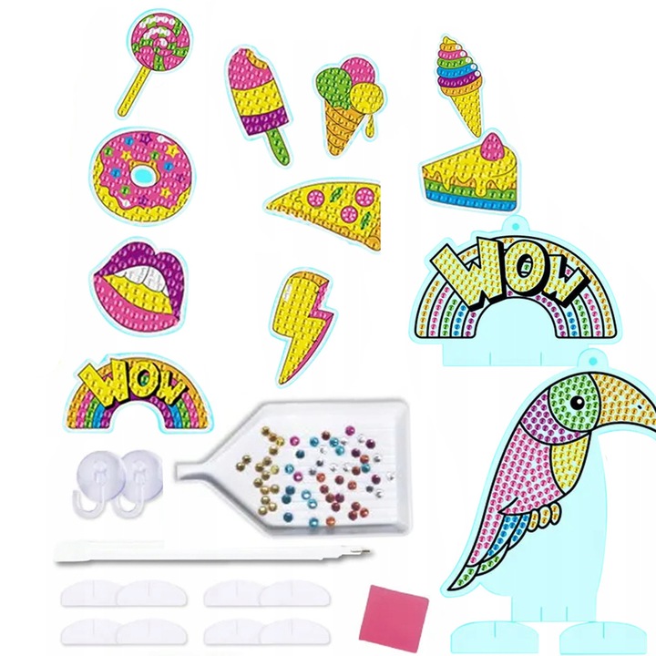 Set creativ 12 stickere mozaic cu diamante, Zola, model candy, autocolante cu sablon, diamante, aplicator, tavita, 2 ventuze