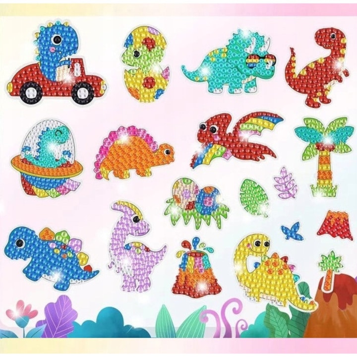 Set brelocuri mozaic cu diamante, Zola, 15 modele pentru copii, dinozauri, autoadeziv, pietre colorate, multicolor