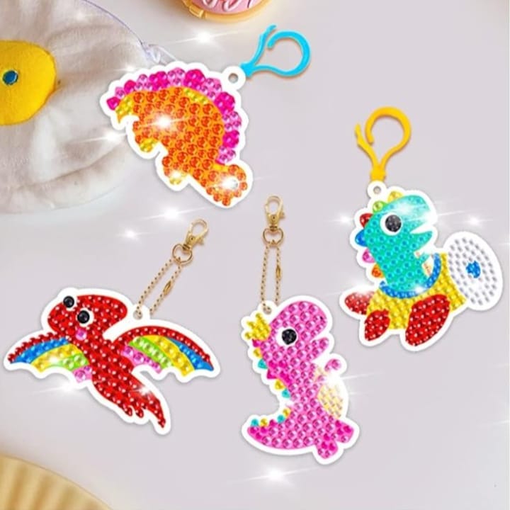 Set brelocuri mozaic cu diamante, Zola, 15 modele pentru copii, dinozauri, autoadeziv, pietre colorate, multicolor
