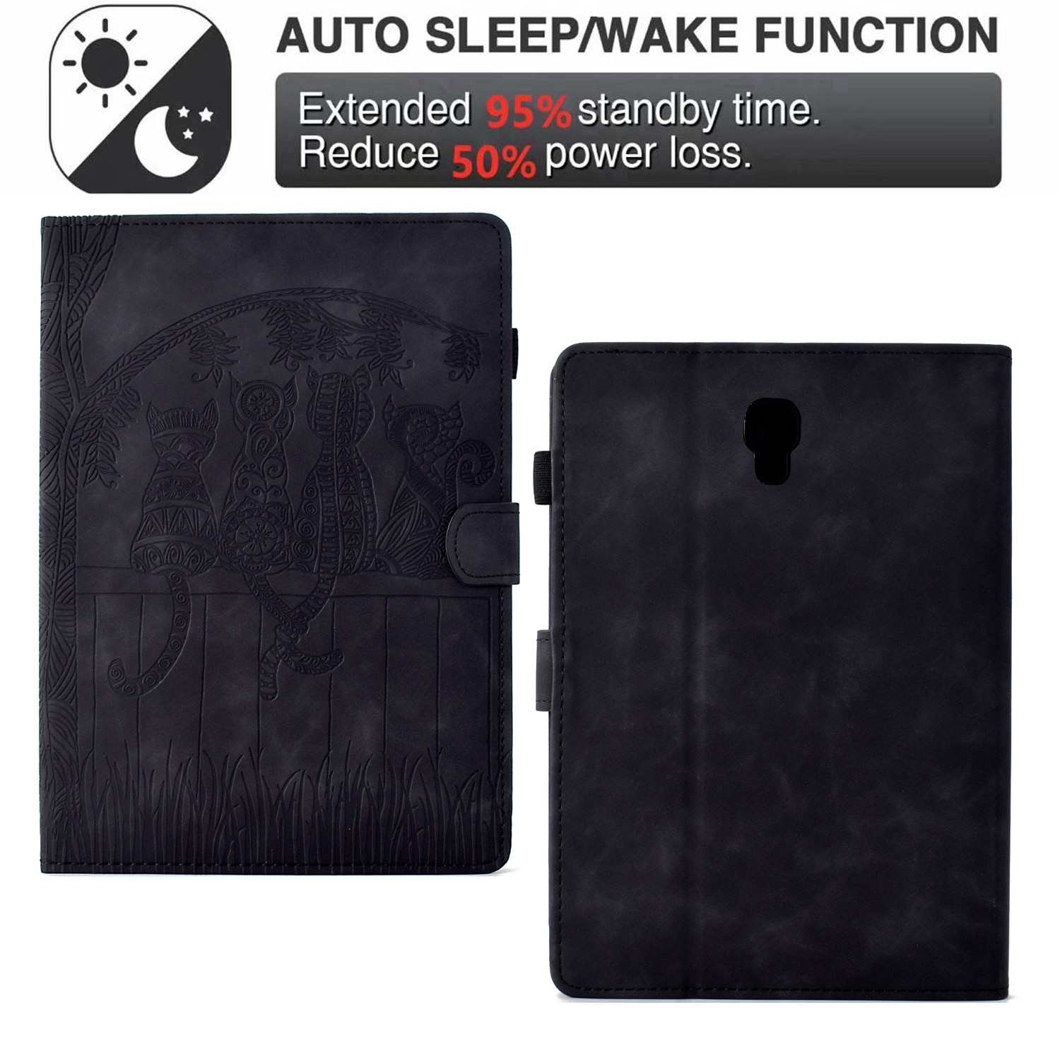 Husa tableta compatibila cu Samsung Galaxy Tab A 10.5 T590, piele gravata cu motive de pisici, inteligenta, neagra
