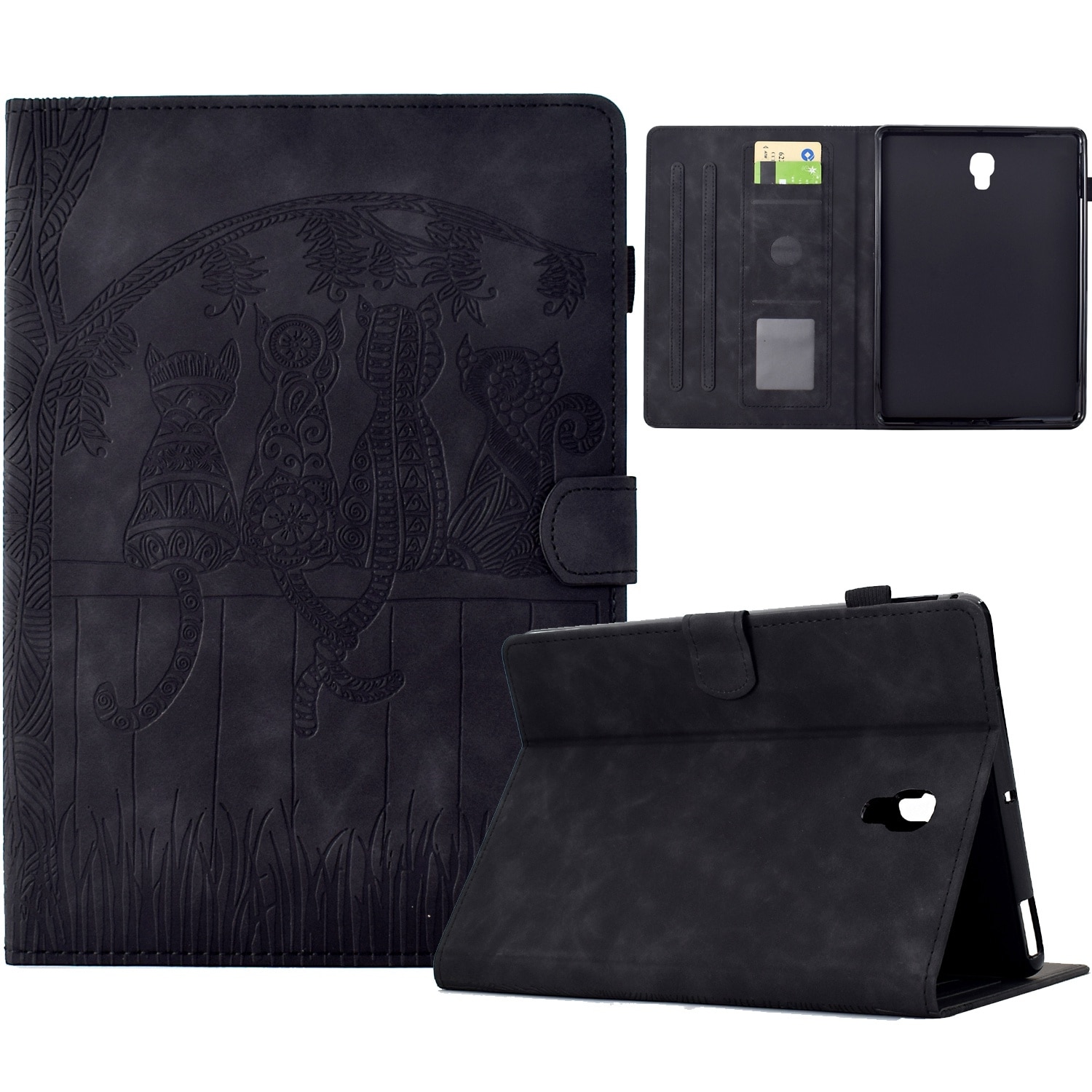 Husa tableta compatibila cu Samsung Galaxy Tab A 10.5 T590, piele gravata cu motive de pisici, inteligenta, neagra