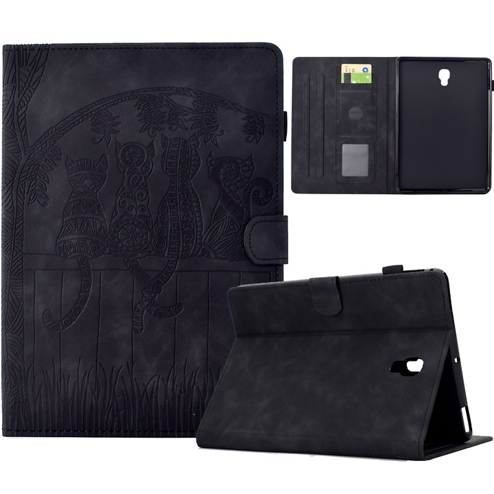 Husa tableta compatibila cu Samsung Galaxy Tab A 10.5 T590, piele gravata cu motive de pisici, inteligenta, neagra