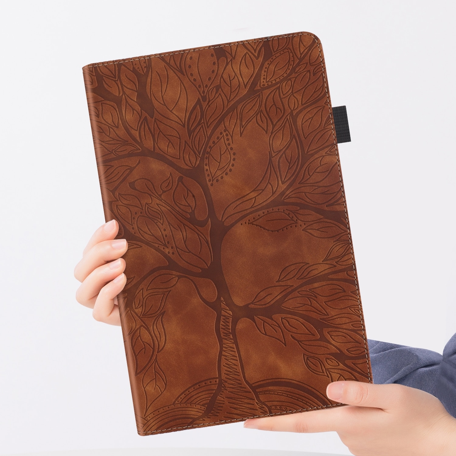 Husa tableta compatibila cu Samsung Galaxy Tab S5e 10.5 T720, din piele cu design copac viu, cu suport si sloturi pentru carduri si stilou, Maro