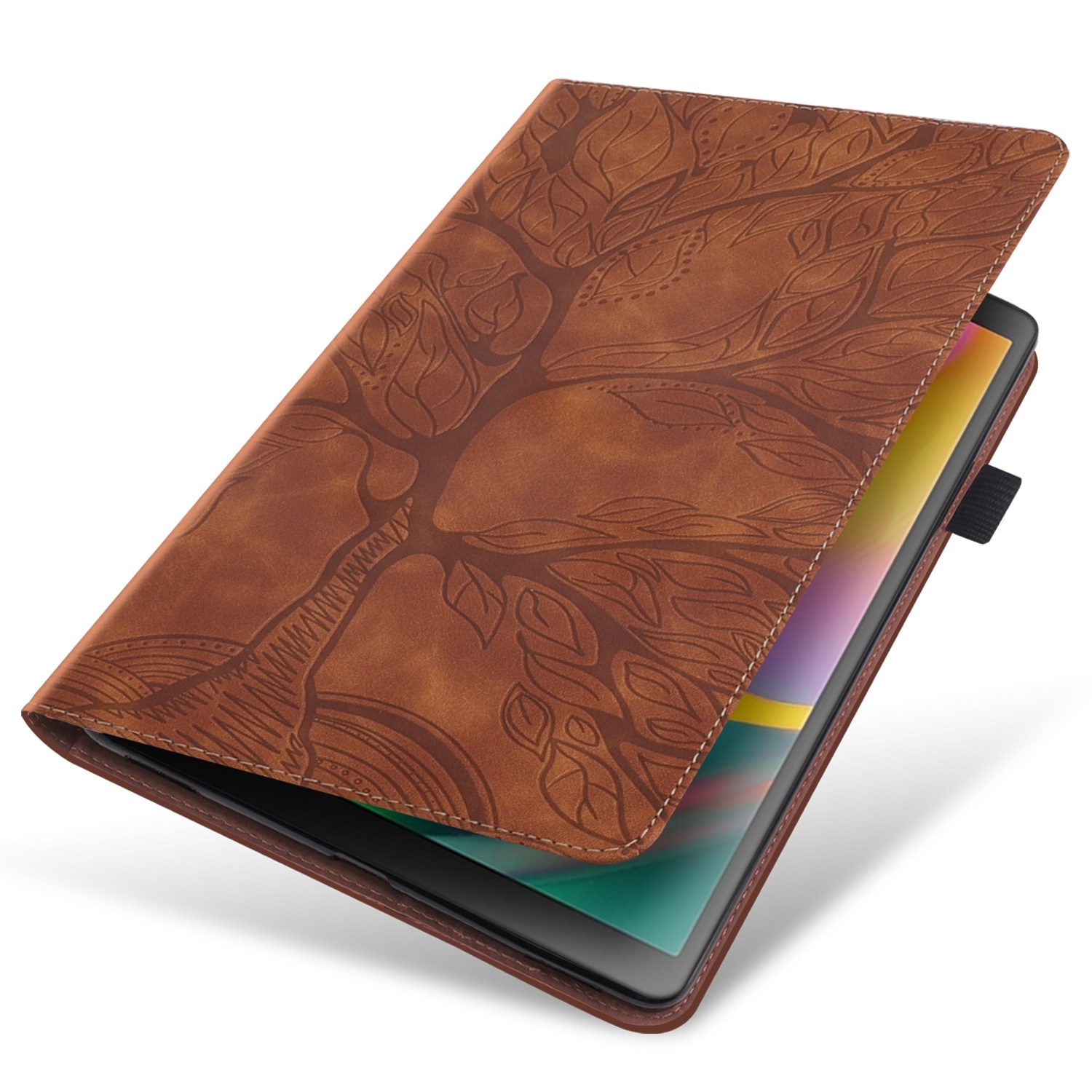 Husa tableta compatibila cu Samsung Galaxy Tab S5e 10.5 T720, din piele cu design copac viu, cu suport si sloturi pentru carduri si stilou, Maro