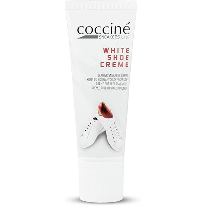 Crema pentru incaltaminte, Coccine, White Shoe Creme, 75 ml, In tub, Pentru pantofi din piele si sneakersi si adidasi si incaltaminte sport, Alb