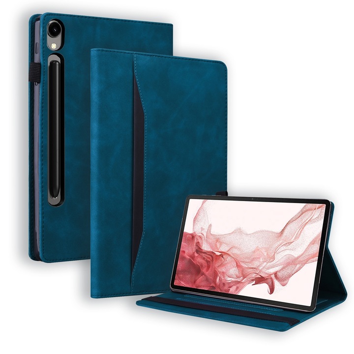 Husa tableta compatibila cu Samsung Galaxy Tab S9, piele inteligenta, rezistenta la socuri, albastru