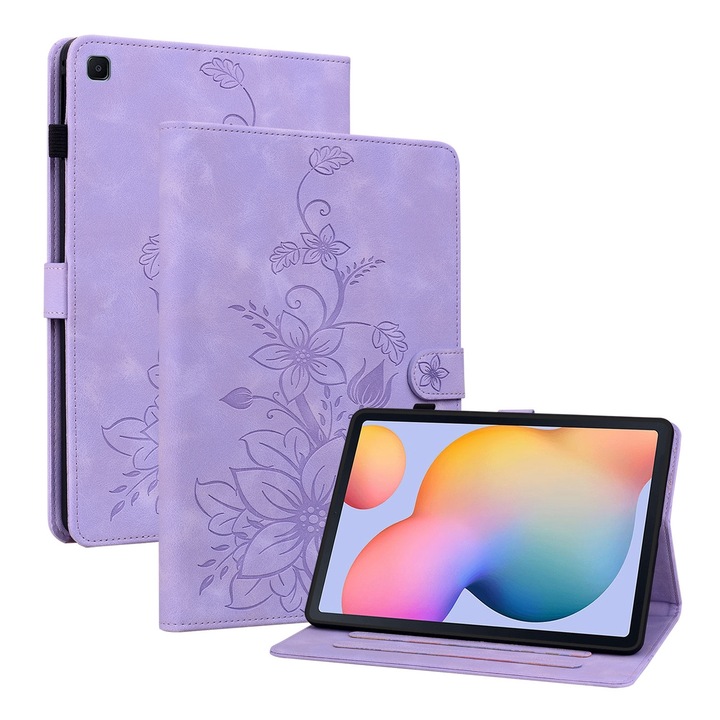 Husa tableta compatibila cu Samsung Galaxy Tab S6 Lite, piele gravata cu floarea crinului, smart case, violet