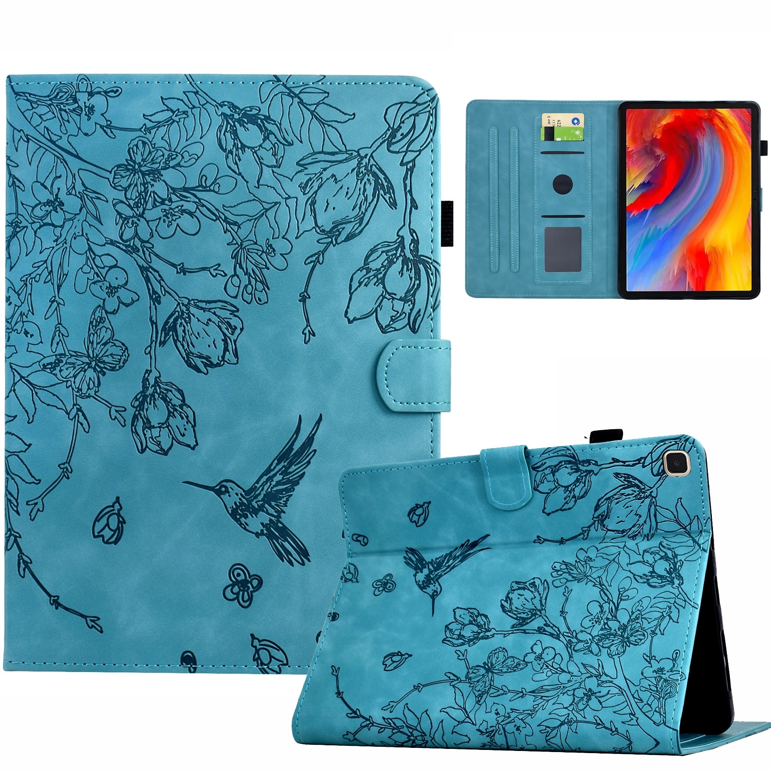 Husa tableta compatibila cu Samsung Galaxy Tab A 10.1 T510, piele gravata cu flori si pasare, albastru deschis
