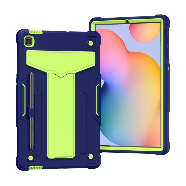 Husa tableta compatibila cu Samsung Galaxy Tab S6 Lite P610/615, carcasa protectoare PC + silicon, suport T-shaped, rezistent la socuri, contrast de culori, navy+green