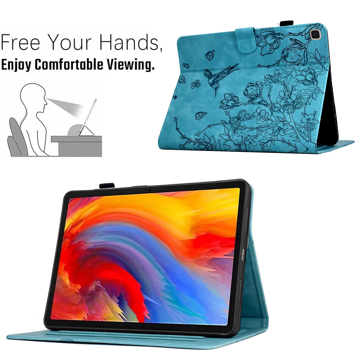 Husa tableta compatibila cu Samsung Galaxy Tab A 10.1 T510, piele gravata cu flori si pasare, albastru deschis