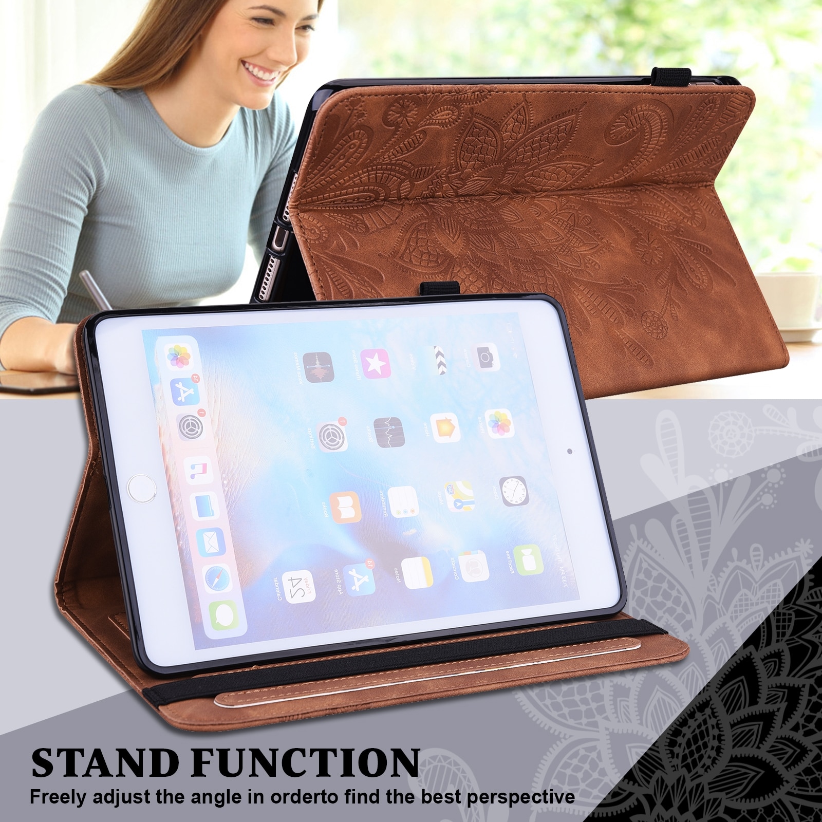 Husa tableta pentru Huawei MatePad Pro 10.8 2021/2019, piele cu model embosat de flori, tip carte cu suport, inchidere cu siret, Maro
