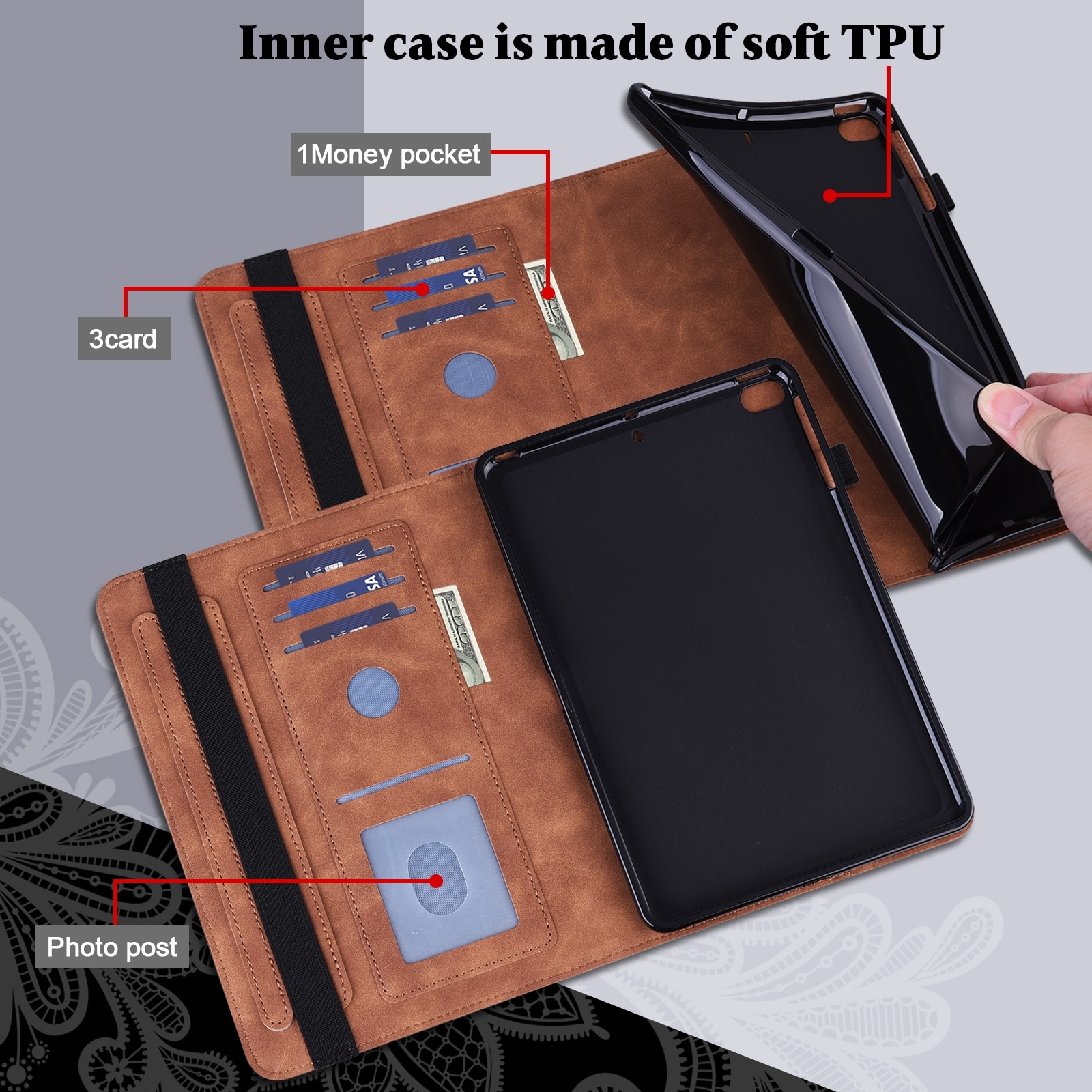 Husa tableta pentru Huawei MatePad Pro 10.8 2021/2019, piele cu model embosat de flori, tip carte cu suport, inchidere cu siret, Maro