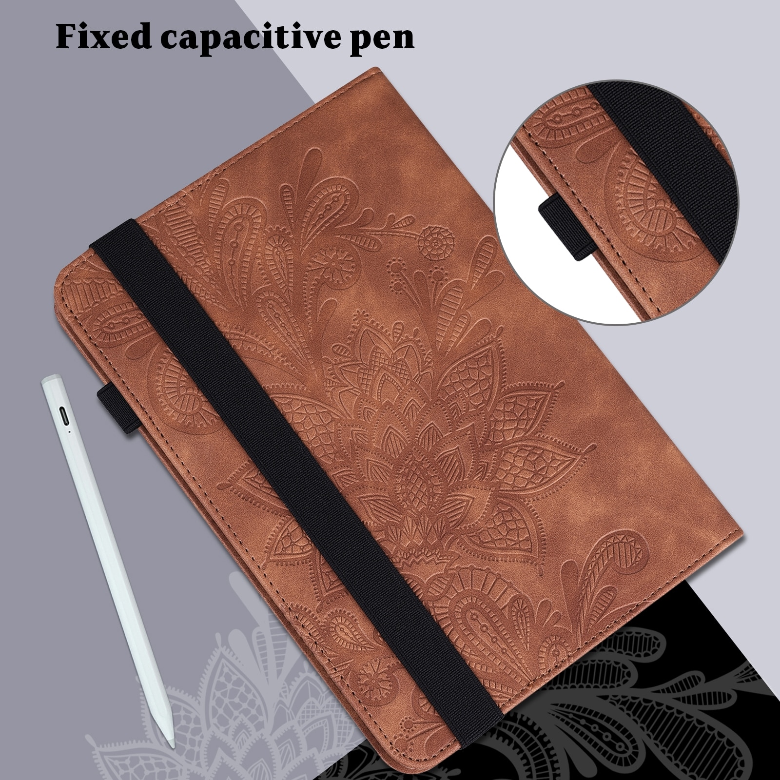 Husa tableta pentru Huawei MatePad Pro 10.8 2021/2019, piele cu model embosat de flori, tip carte cu suport, inchidere cu siret, Maro