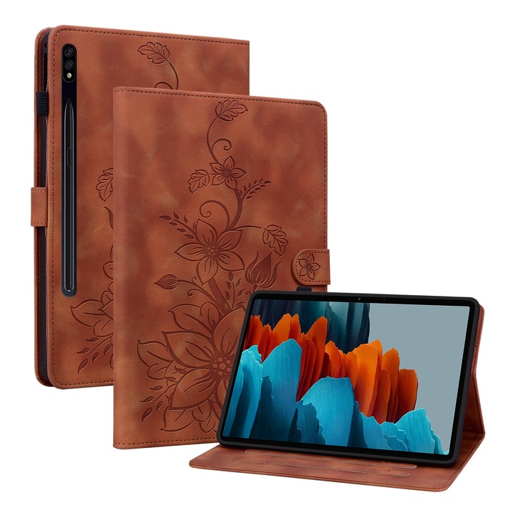Husa tableta compatibila cu Samsung Galaxy Tab S7 FE/S8+/S7+, piele embosata cu model floral, maro