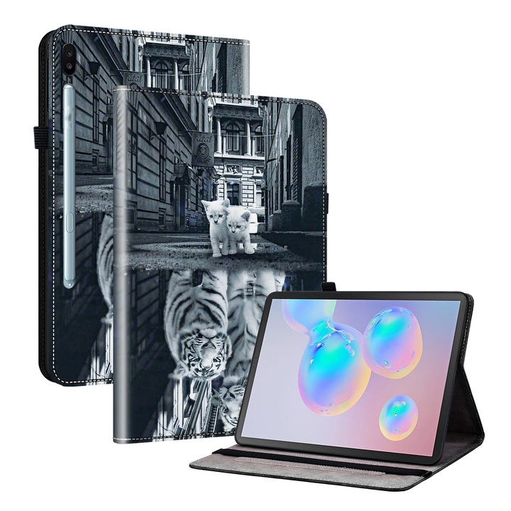 Samsung Galaxy Tab S6 kompatibilis táblagép tok, texturált festett bőr, smart, toll nélkül, Tigrismacska tükröződés