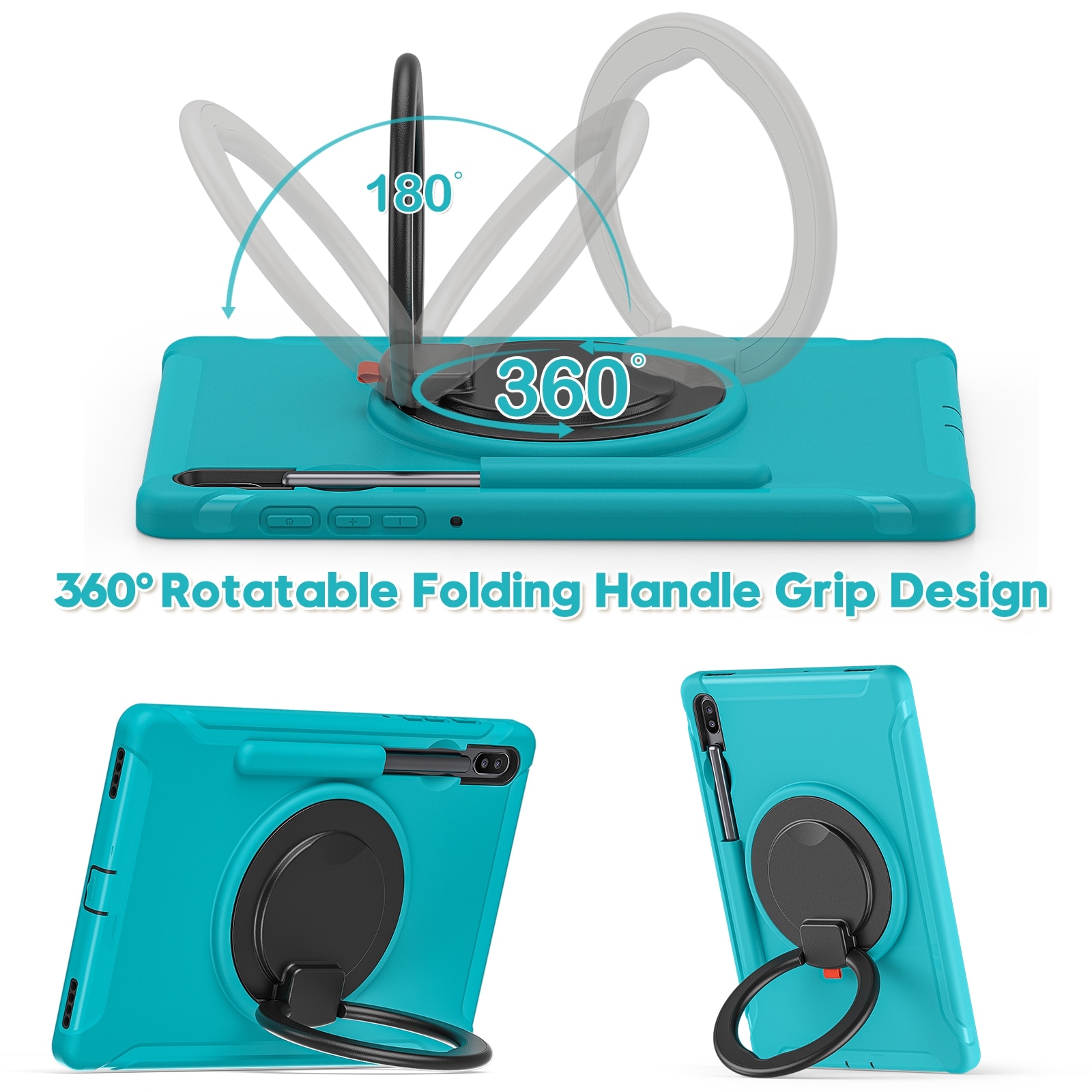 Husa tableta compatibila cu Samsung Galaxy Tab S6 T860, rezistenta la socuri TPU + PC, cu suport pliabil cu rotatie 360°, maner si loc pentru stilou, albastru