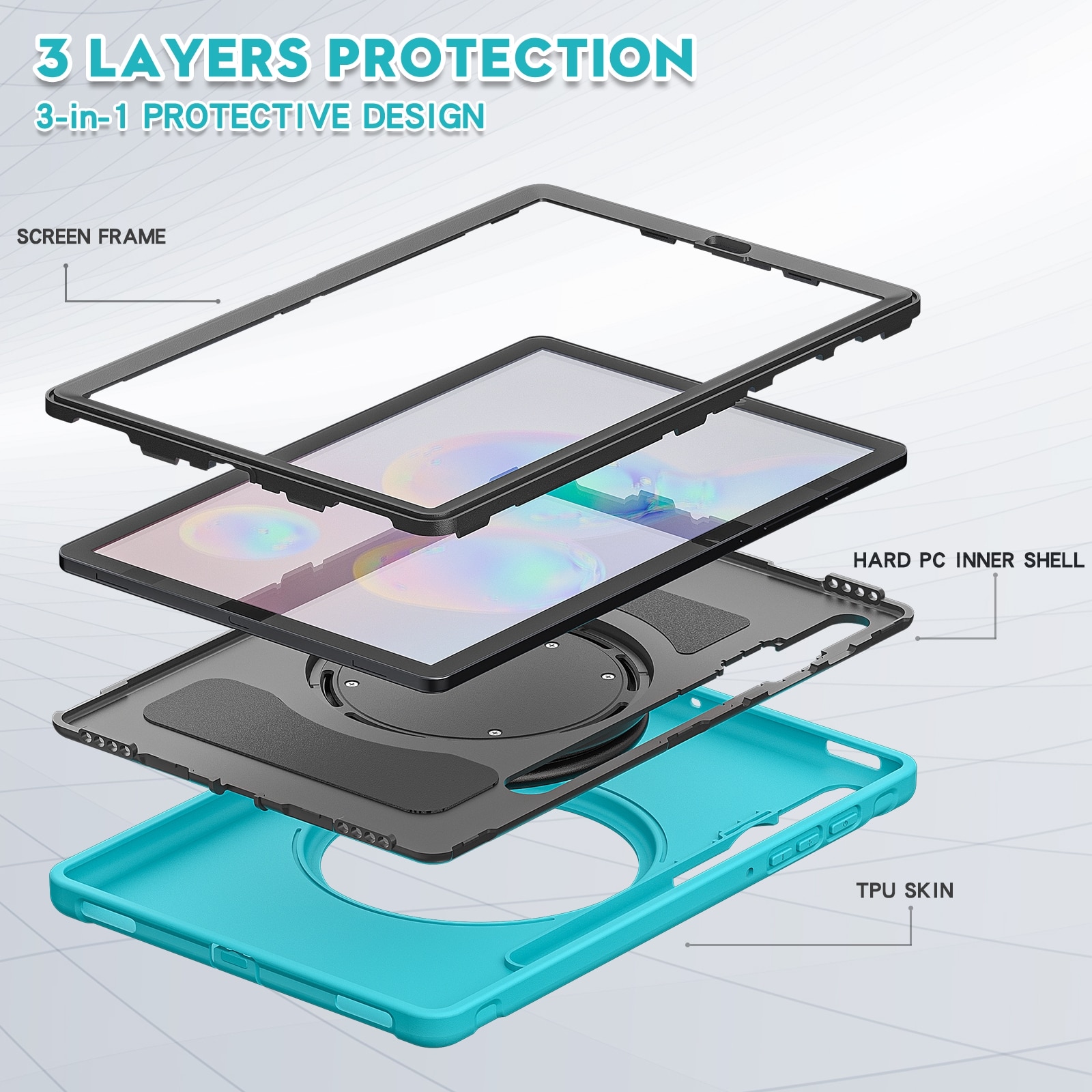 Husa tableta compatibila cu Samsung Galaxy Tab S6 T860, rezistenta la socuri TPU + PC, cu suport pliabil cu rotatie 360°, maner si loc pentru stilou, albastru