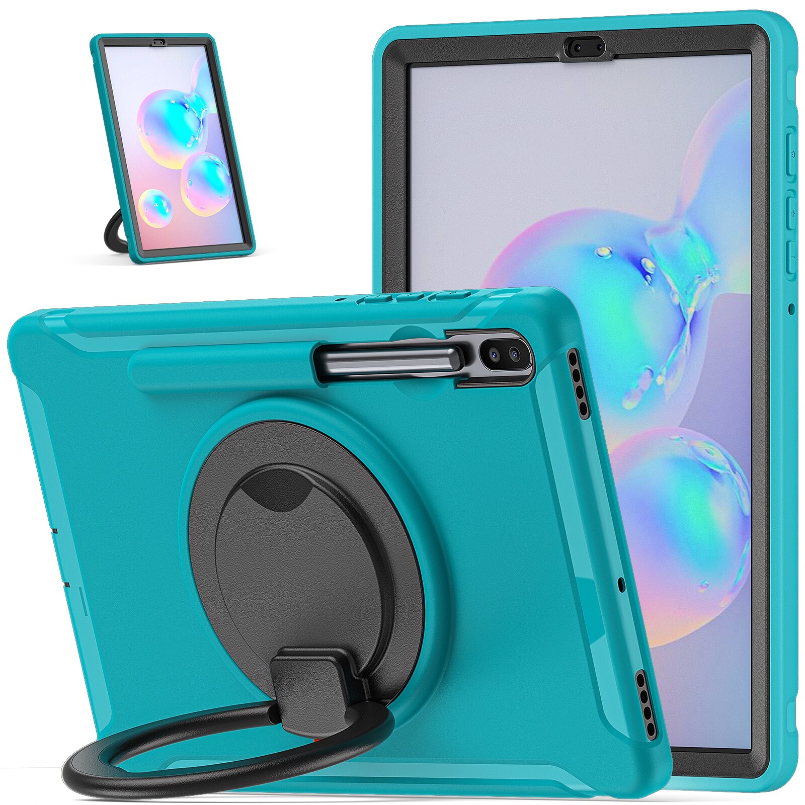 Husa tableta compatibila cu Samsung Galaxy Tab S6 T860, rezistenta la socuri TPU + PC, cu suport pliabil cu rotatie 360°, maner si loc pentru stilou, albastru