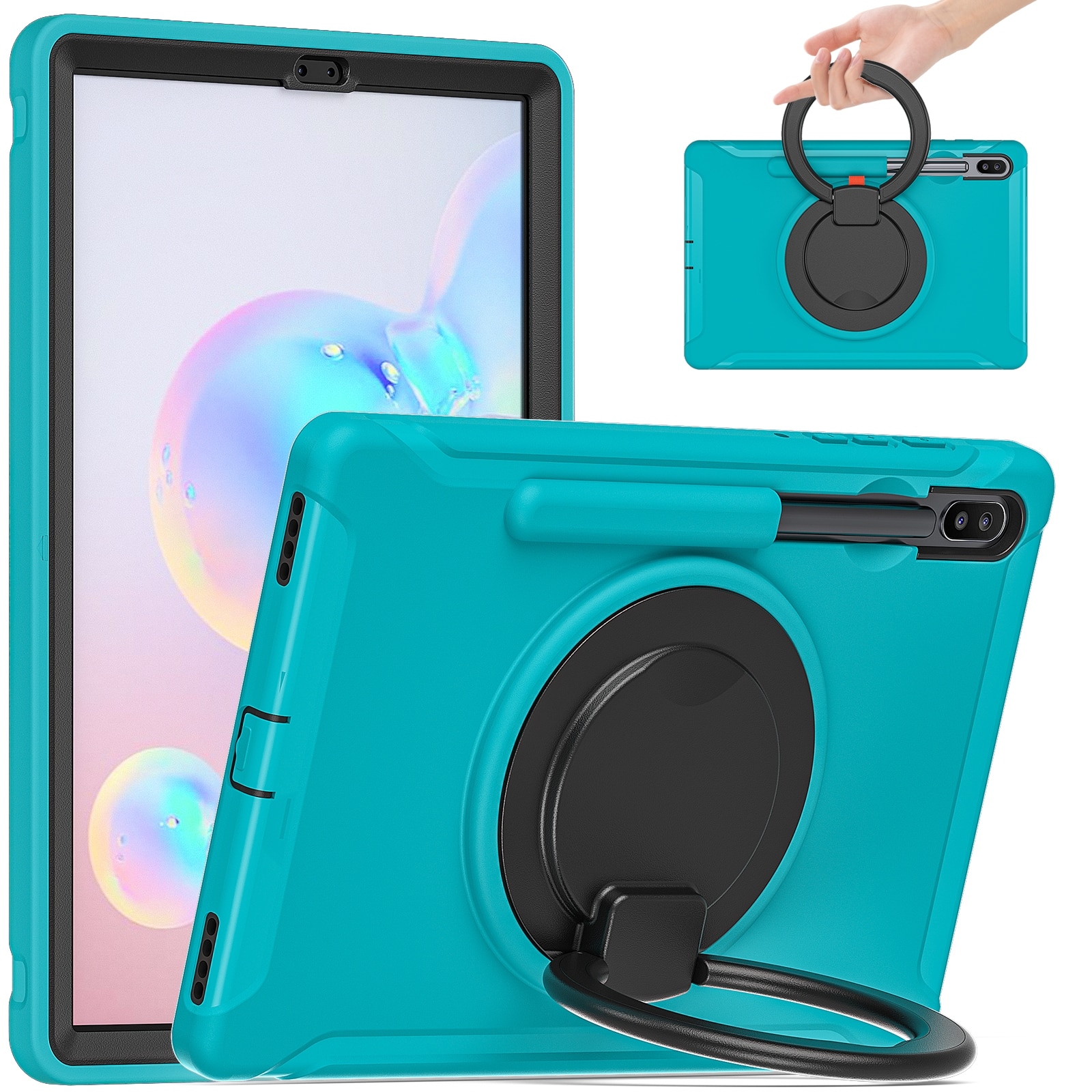 Husa tableta compatibila cu Samsung Galaxy Tab S6 T860, rezistenta la socuri TPU + PC, cu suport pliabil cu rotatie 360°, maner si loc pentru stilou, albastru