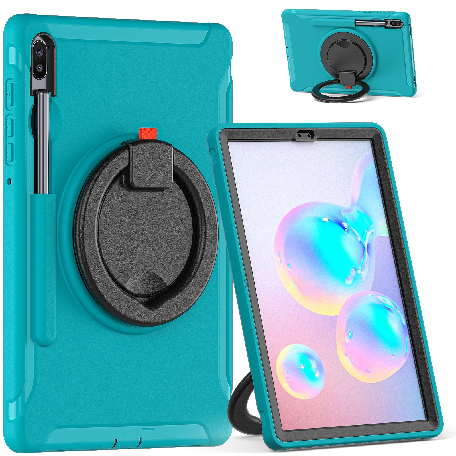 Husa tableta compatibila cu Samsung Galaxy Tab S6 T860, rezistenta la socuri TPU + PC, cu suport pliabil cu rotatie 360°, maner si loc pentru stilou, albastru