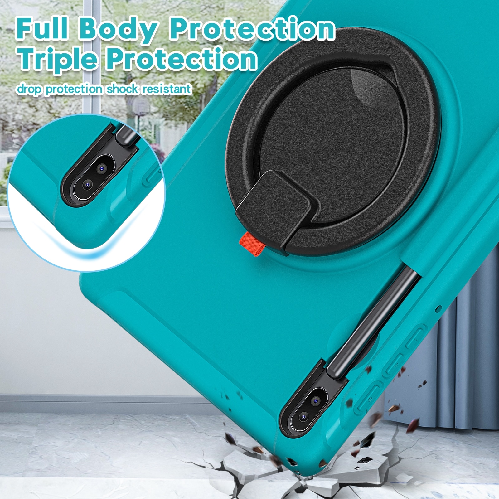 Husa tableta compatibila cu Samsung Galaxy Tab S6 T860, rezistenta la socuri TPU + PC, cu suport pliabil cu rotatie 360°, maner si loc pentru stilou, albastru