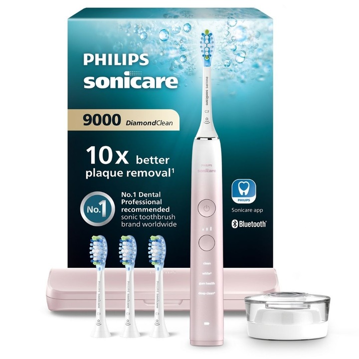 Звукова електрическа четка за зъби, 4 режима на четкане, PHILIPS Sonicare DiamondClean Series 9000 HX9911/79 3 интензитета, сензор за натиск, сензор BrushSync, свързаност с приложението Sonicare, 1 калъф за носене, 4 C3 глави, стойка за зареждане, розова
