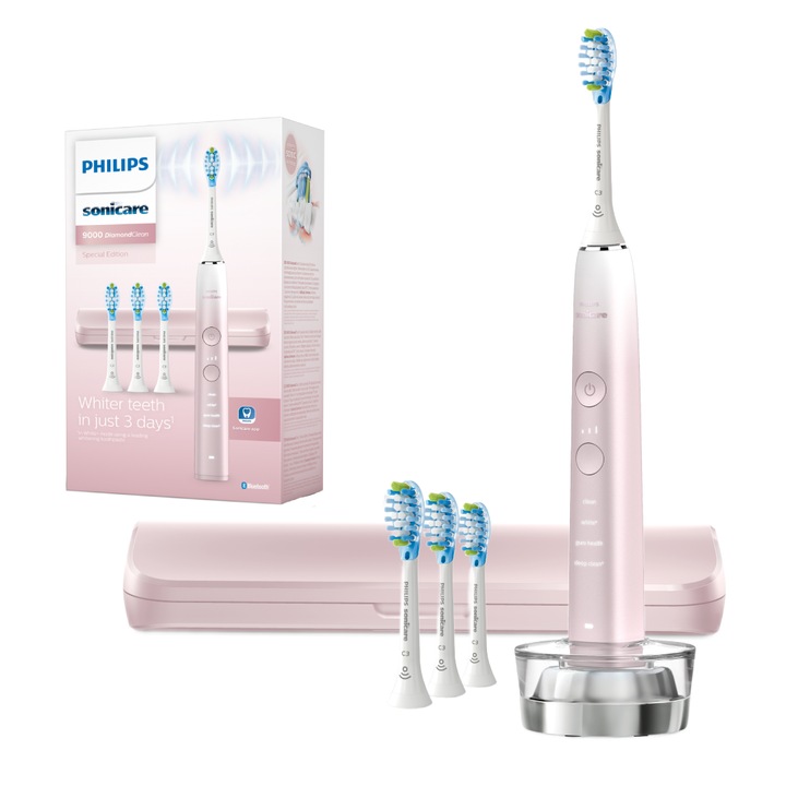 Звукова електрическа четка за зъби, 4 режима на четкане, PHILIPS Sonicare DiamondClean Series 9000 HX9911/79 3 интензитета, сензор за натиск, сензор BrushSync, свързаност с приложението Sonicare, 1 калъф за носене, 4 C3 глави, стойка за зареждане, розова