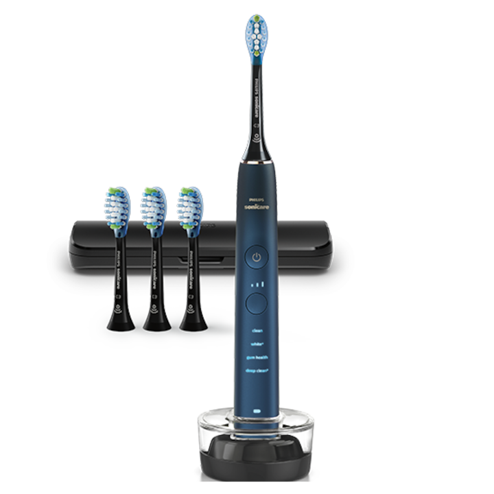 Periuta electrica sonica PHILIPS Sonicare DiamondClean Seria 9000 HX9911/89, 4 moduri de periere, 3 intensitati, senzor de presiune, senzor BrushSync, conectivitate cu aplicatia Sonicare, 1 toc de transport, 4 capete C3, suport de incarcare, Acvamarin
