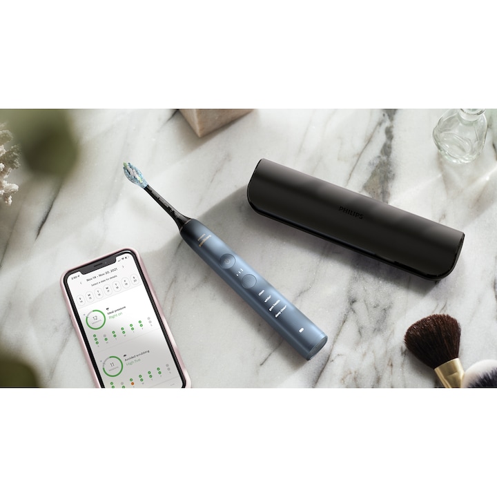 Periuta electrica sonica PHILIPS Sonicare DiamondClean Seria 9000 HX9911/89, 4 moduri de periere, 3 intensitati, senzor de presiune, senzor BrushSync, conectivitate cu aplicatia Sonicare, 1 toc de transport, 4 capete C3, suport de incarcare, Acvamarin