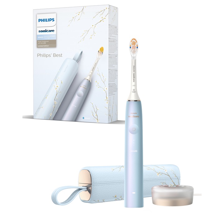 Електрическа звукова четка за зъби PHILIPS Sonicare Prestige Series 9900 HX9997/32, Технология SenseIQ, Свързаност със Sonicare, Сензор BrushSync, 5 режима на миене, 2 глави за четка A3, 1 калъф за носене, Стойка за зареждане, Син