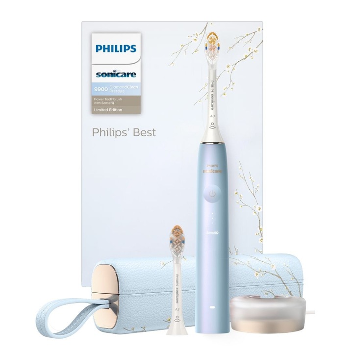 Periuta electrica sonica PHILIPS Sonicare Prestige Seria 9900 HX9997/32, tehnologie SenseIQ, conectivitate cu aplicatia Sonicare, senzor BrushSync, 5 moduri de periere, 2 capete de periere A3, 1 toc de transport, suport de incarcare, Bleu