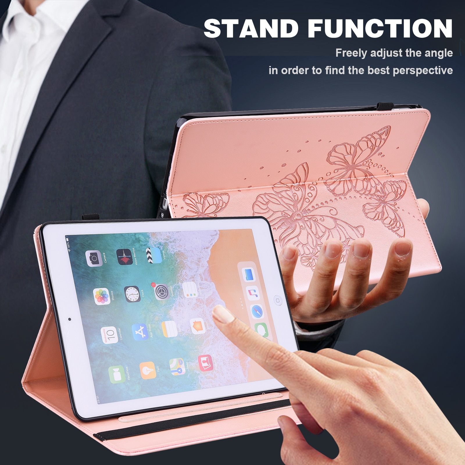 Husa tableta pentru Huawei MediaPad T3 10 9.6 inch, piele PU, design cu fluturi gravati, tip carte cu suport, inchidere magnetica, roz