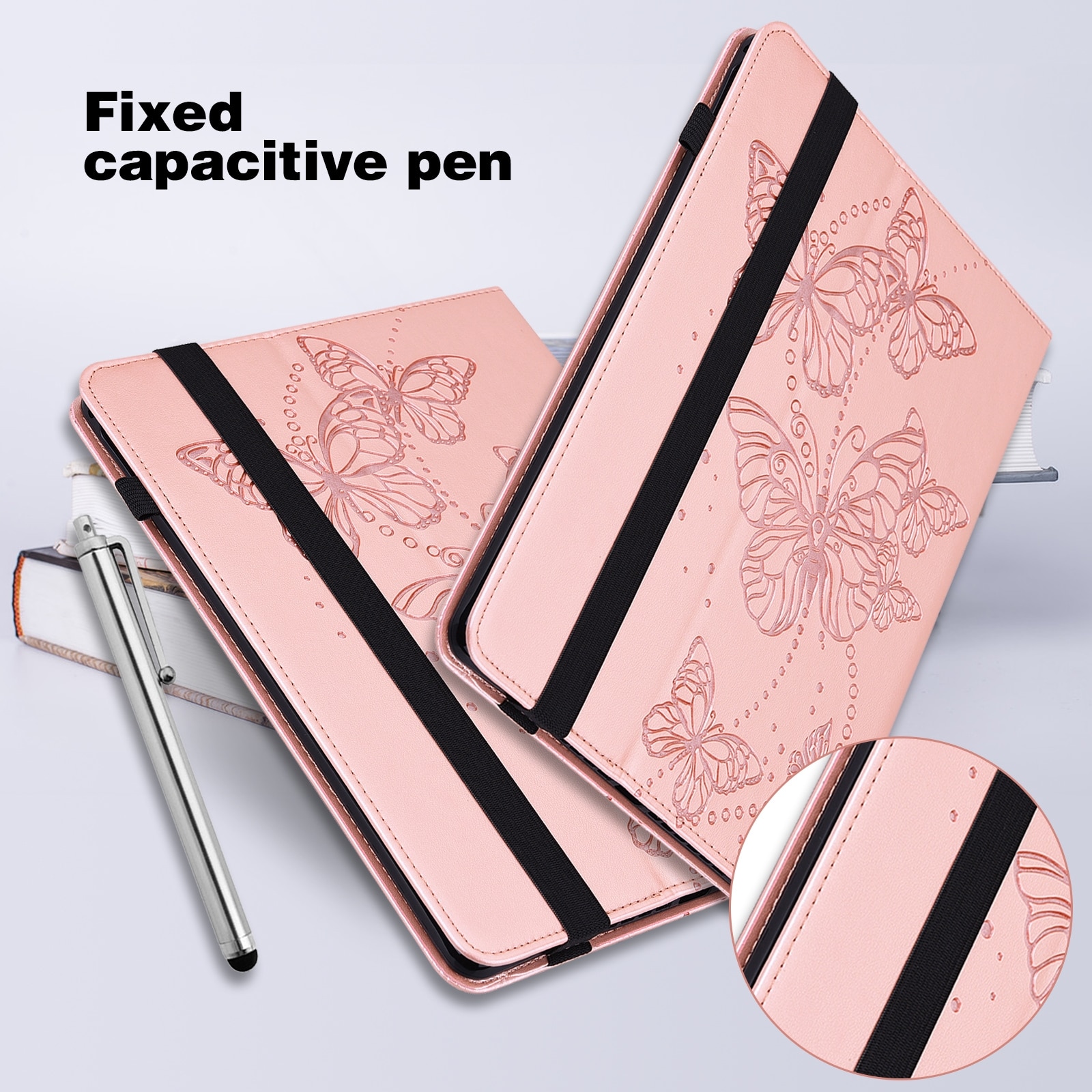 Husa tableta pentru Huawei MediaPad T3 10 9.6 inch, piele PU, design cu fluturi gravati, tip carte cu suport, inchidere magnetica, roz