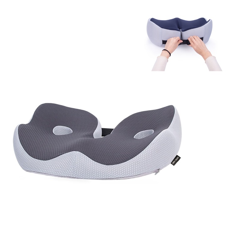 Perna ortopedica Memory Foam pentru scaun birou sau auto, husa lavabila, respirabila si antialunecare, Arka Chairs MCS18, confort zona Lombara, Sciatica, Dureri de sold, Hemoroizi, gri textil