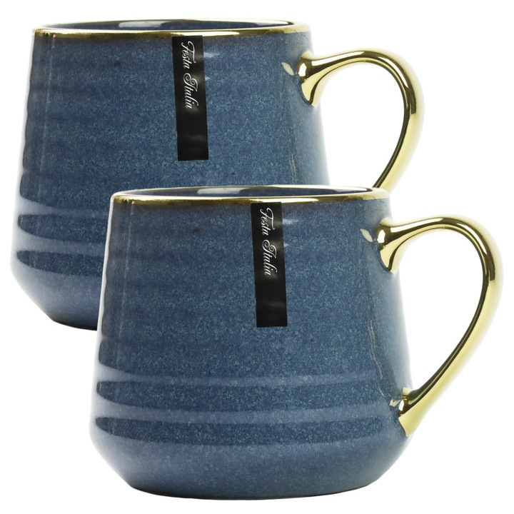Set de 2 cani 570ml, Portelan, Festa Italia, Albastru/Auriu