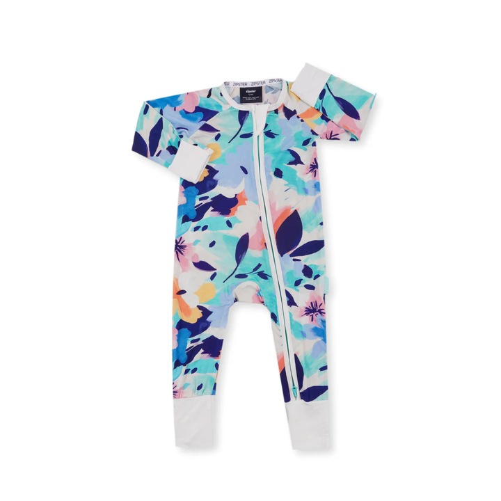 Pijamale lungi din bambus cu fermoar reversibil, ZIPSTER - WaterColors, Multicolor Bleu, pentru fetite, Multicolor