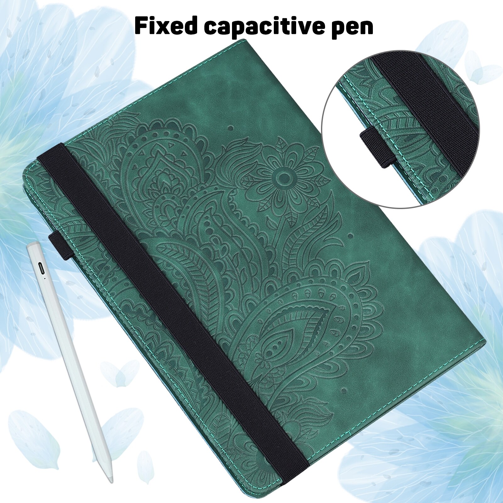 Husa tableta pentru Huawei MatePad 10.4, piele PU + TPU, model cu imprimeu de paun, design orizontal tip carte cu suport si buzunar pentru carduri, functie de somn/trezire, Verde
