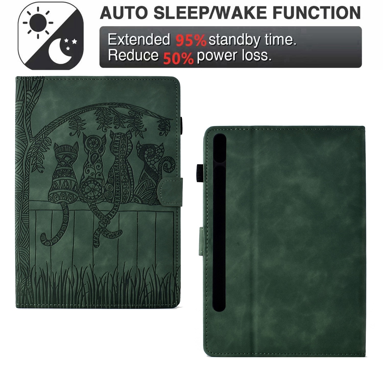 Husa tableta compatibila cu Samsung Galaxy Tab S9 / S9 FE, piele gravata cu motive de pisici, verde