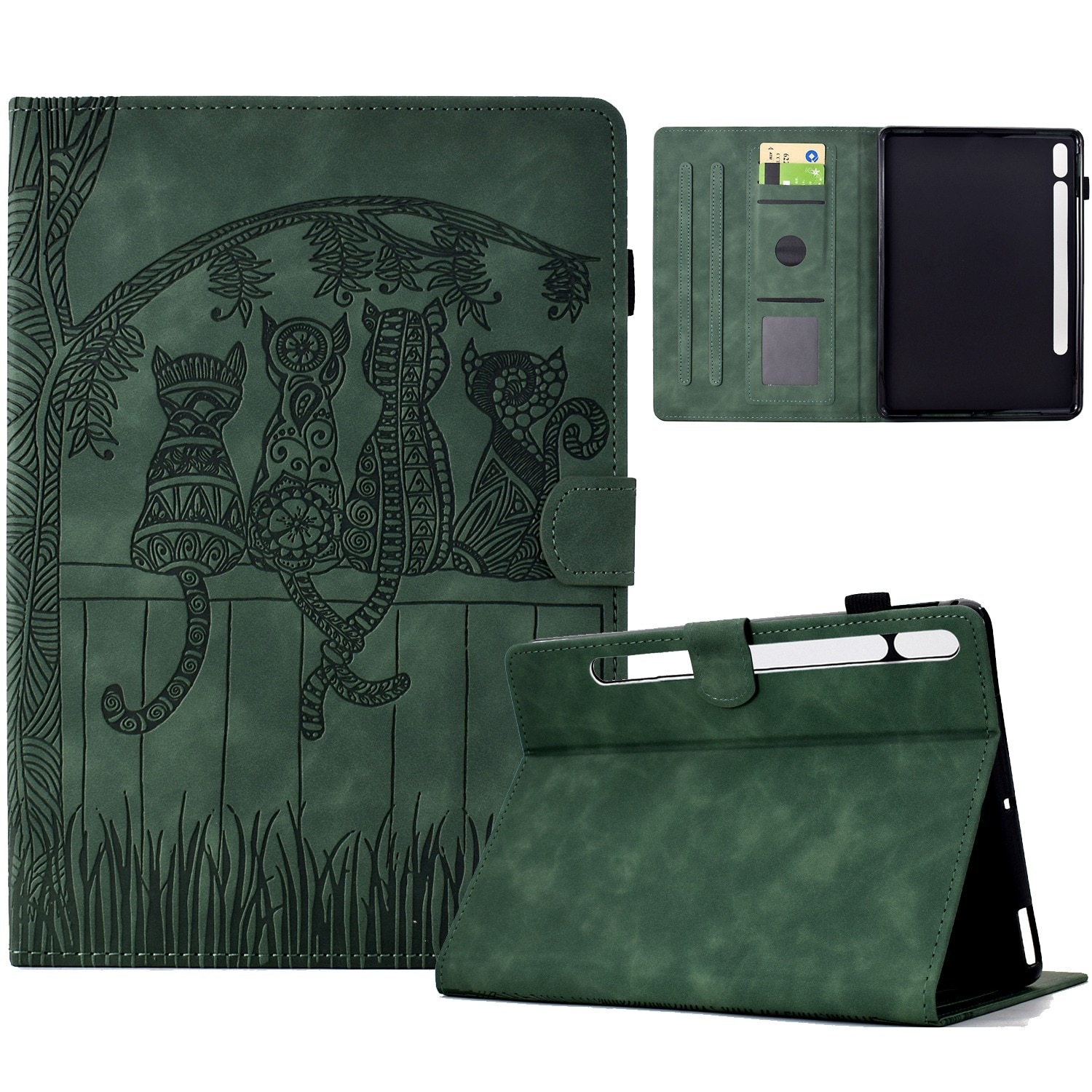 Husa tableta compatibila cu Samsung Galaxy Tab S9 / S9 FE, piele gravata cu motive de pisici, verde