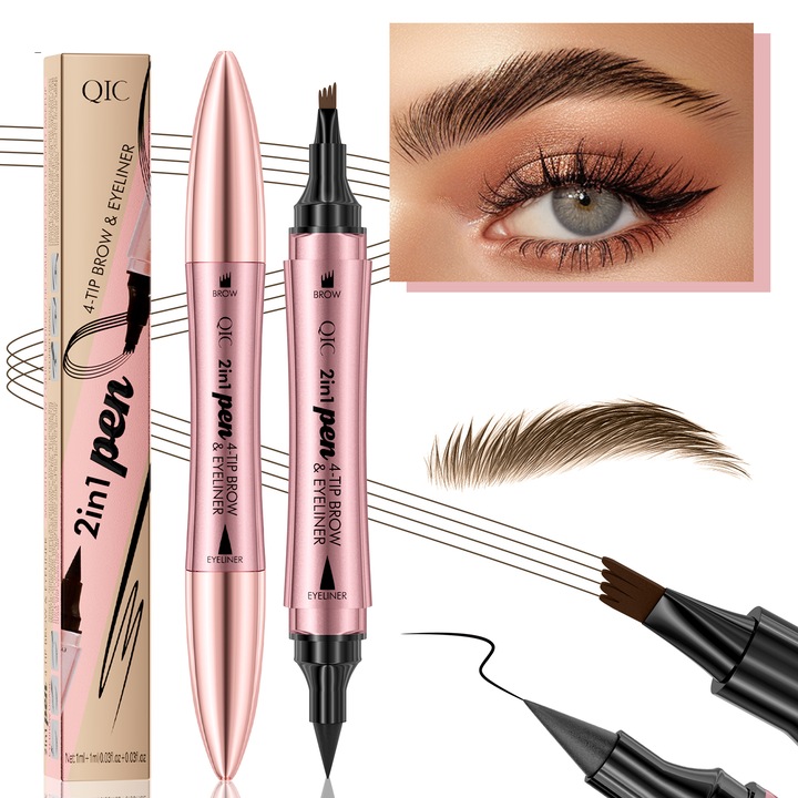Creion sprancene si eyeliner 2 in 1, COCICA, 4 varfuri, rezistent la apa, culoare cafea deschisa