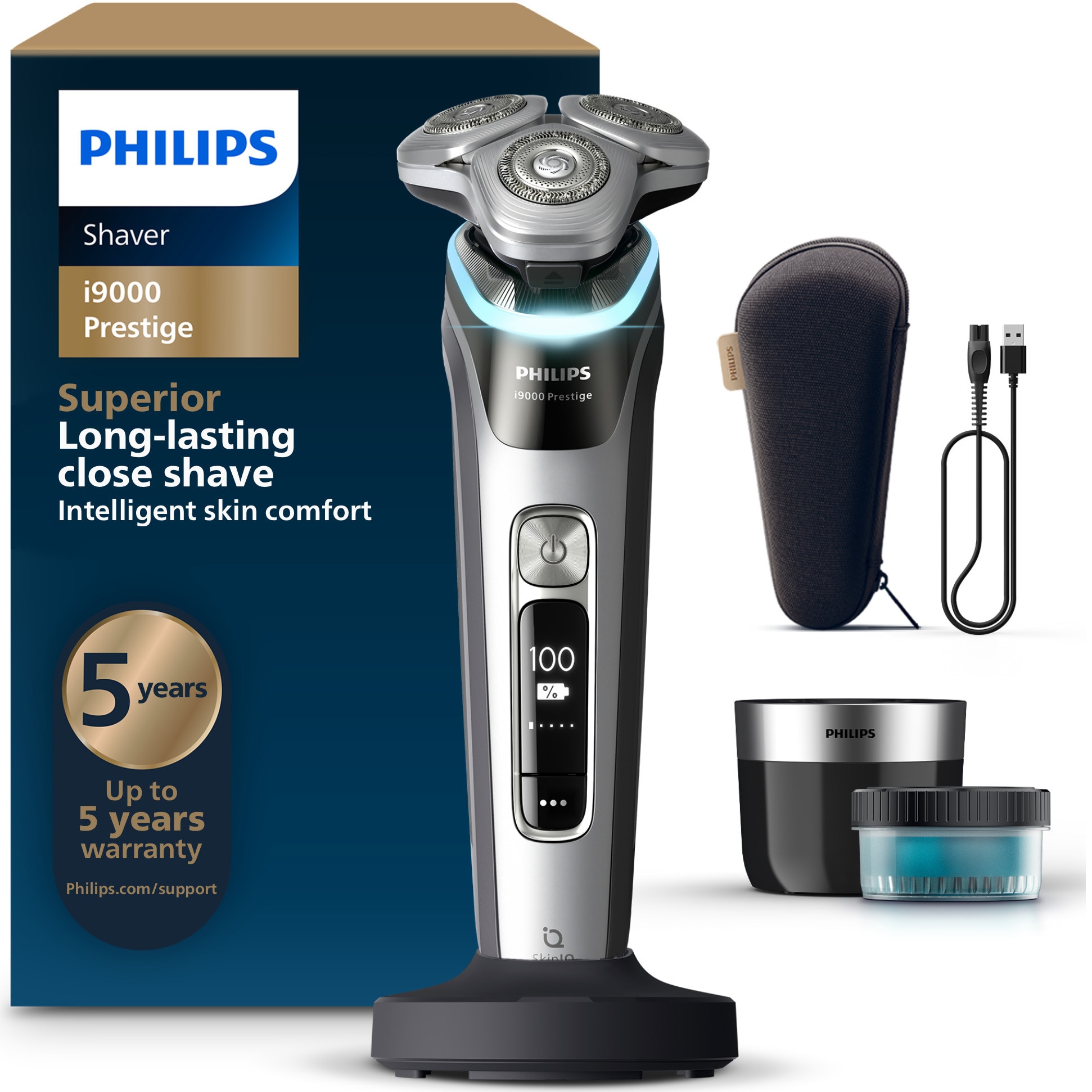 Aparat electric de barbierit PHILIPS Seria i9000 Pestige XP9204/30, barbierit umed/uscat, tehnologie SkinIQ, fara fir, cap Precision Flexing 360, tehnologie Triple Action Lift&Cut,