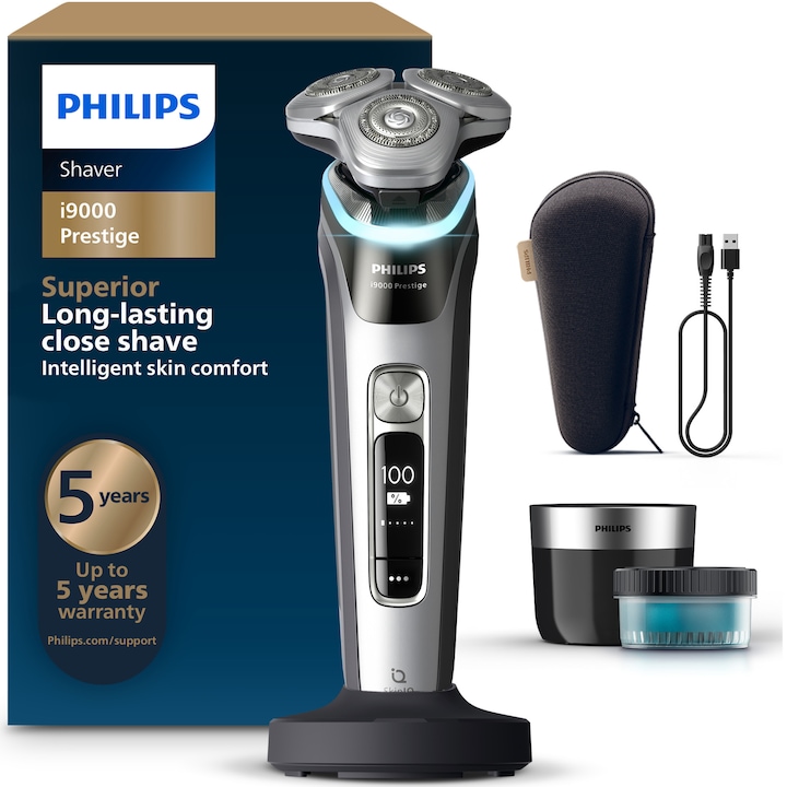 Електрическа самобръсначка PHILIPS i9000 Series Pestige XP9204/30, мокро/сухо бръснене, технология SkinIQ, безжична, глава Precision Flexing 360, технология Triple Action Lift&Cut, сензор Pressure Guard, ножчета Dual SteelPrecision, 60 мин, сива