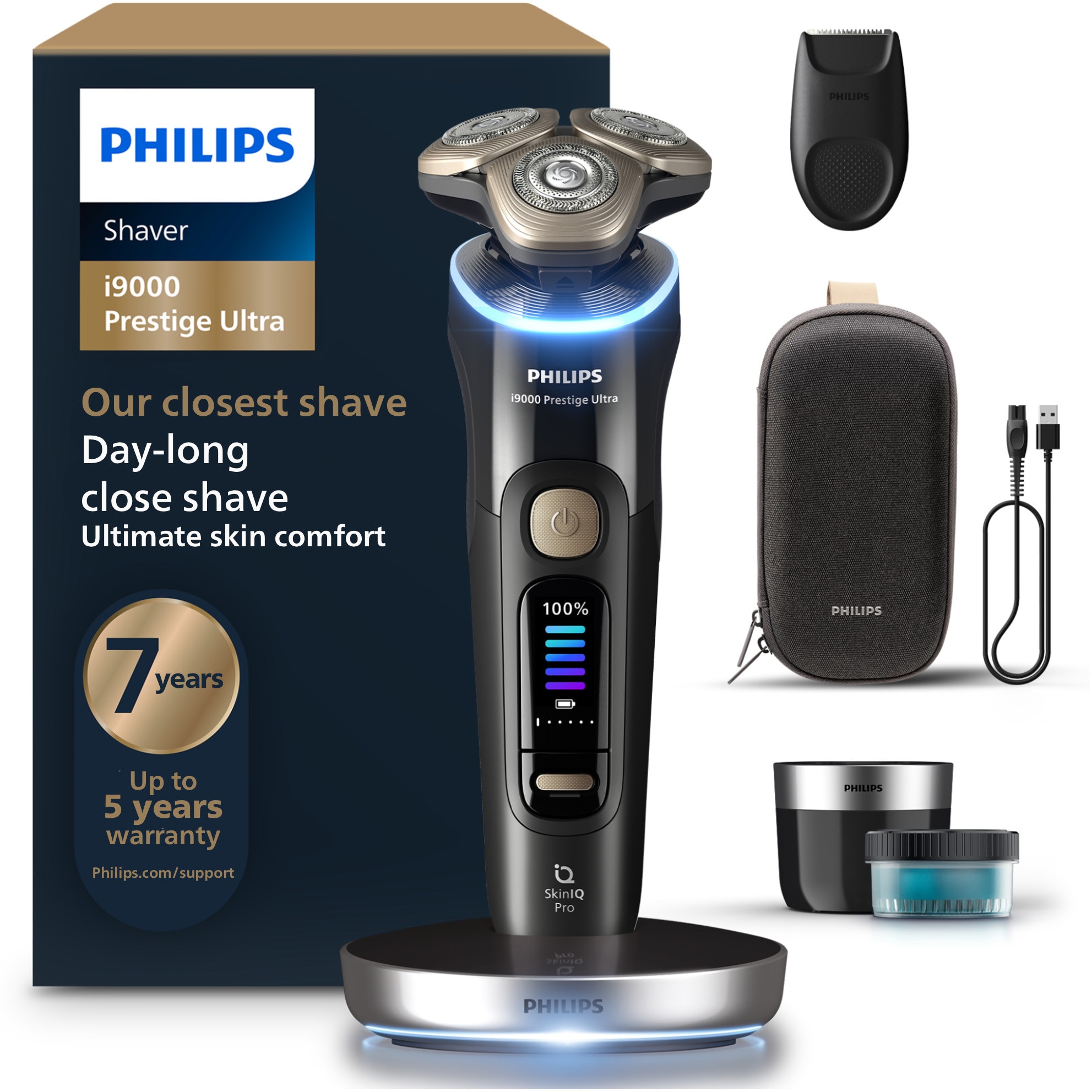 Aparat electric de barbierit PHILIPS i9000 Prestige Ultra XP9400/31, tehnologie SkinIQ Pro, autonomie 60 min, senzor presiune&cadran LED pt ghidaj, afisaj color, 5 moduri functiona