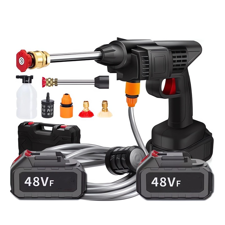 Водоструйка Teno®, безжична, 2 x 48V батерии, високо налягане, филтър и дюзи включени, чанта за съхранение, 3 режима, аксесоари, черна