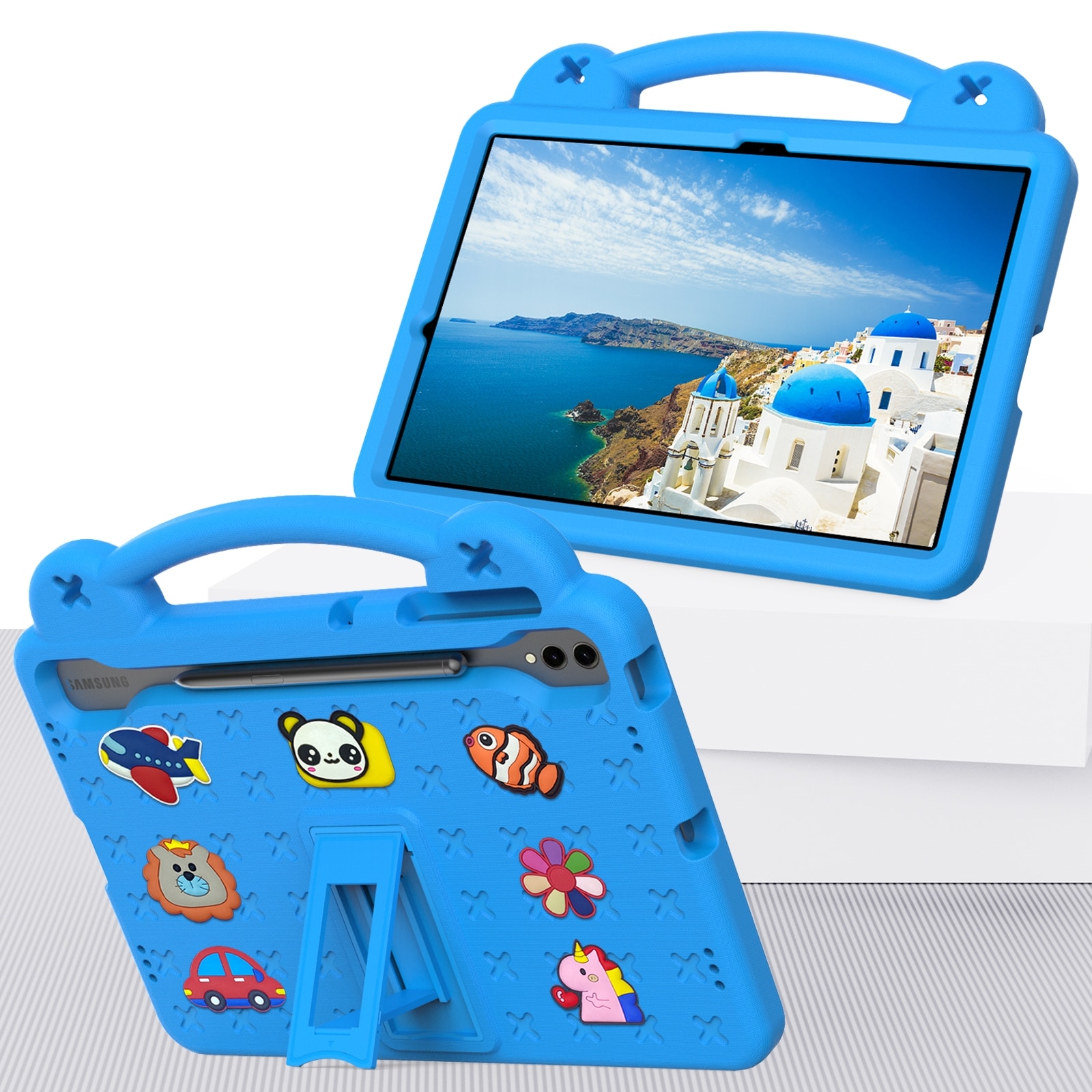 Husa tableta compatibila cu Samsung Galaxy Tab S10+12.4 X820, maner, suport kickstand, EVA rezistent la socuri, albastru cer inchis