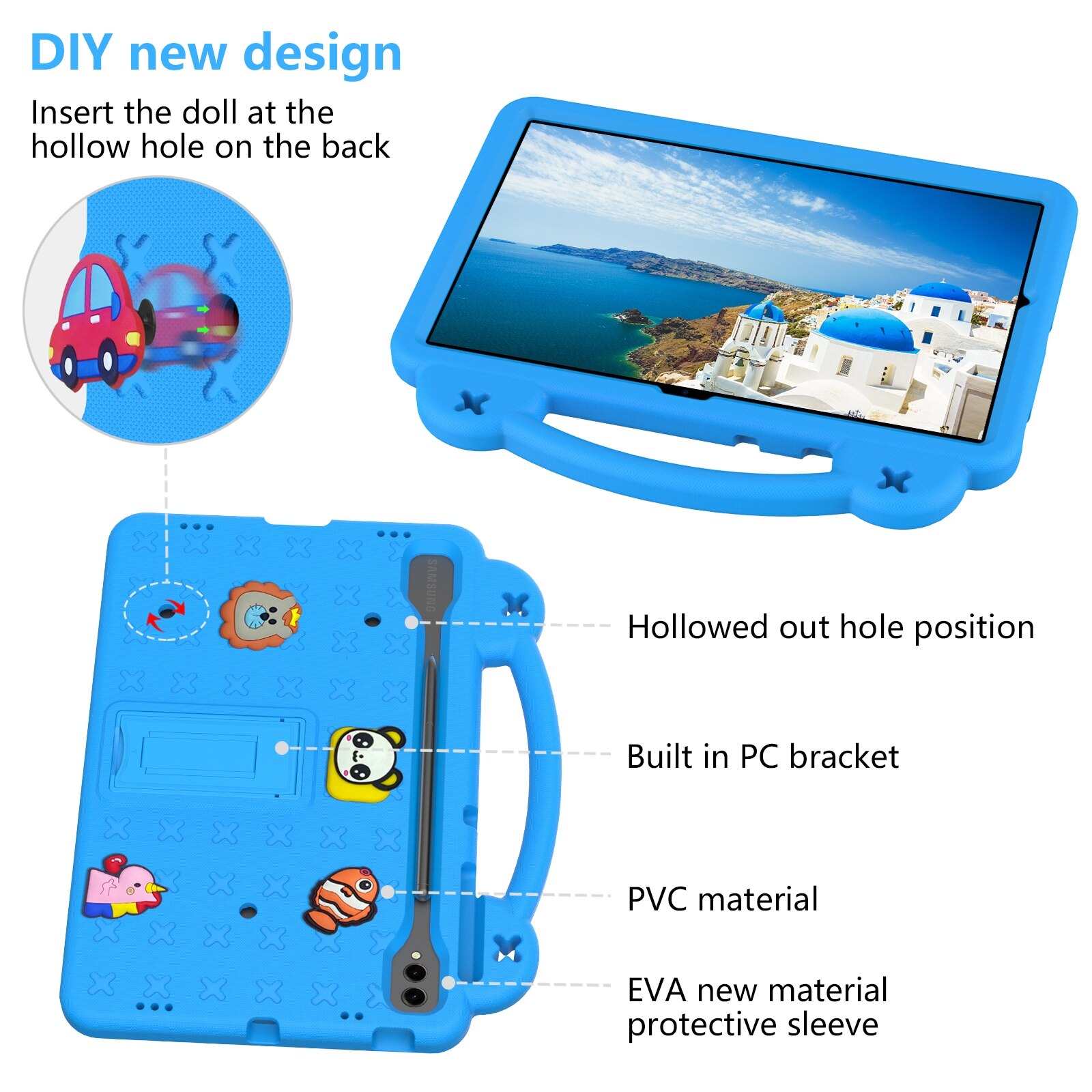 Husa tableta compatibila cu Samsung Galaxy Tab S10+12.4 X820, maner, suport kickstand, EVA rezistent la socuri, albastru cer inchis