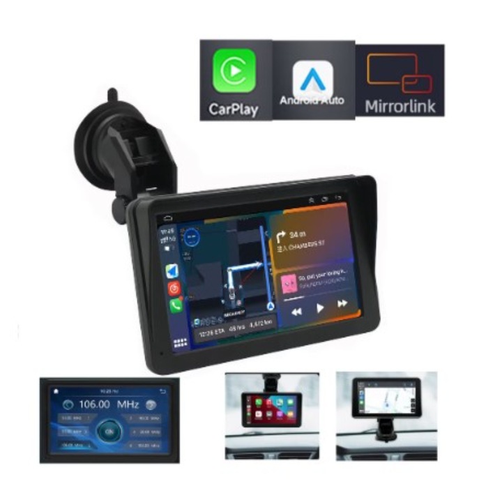 Мултимедия за автомобил BeSmart, 7-инчов с Apple CarPlay/Android Auto, със стойка за стъкло, Черен