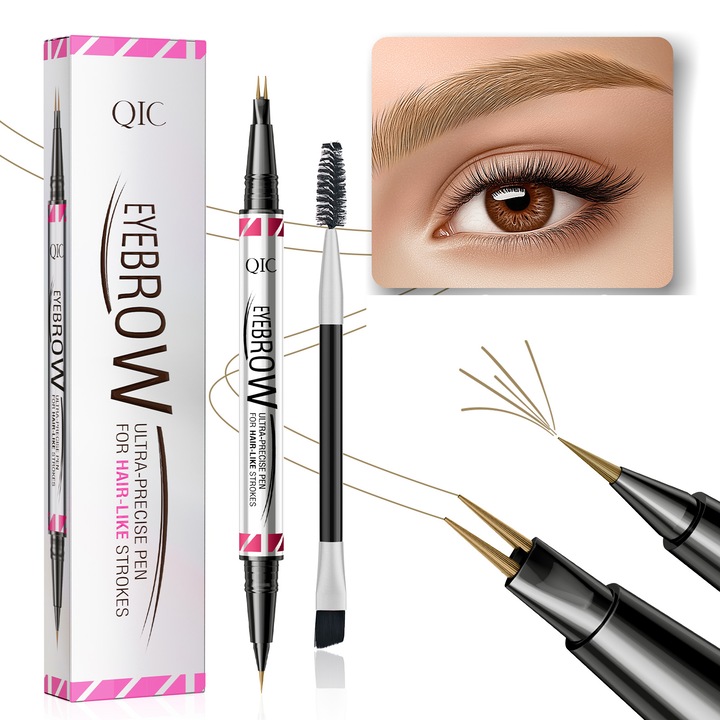 Creion pentru sprancene 2-in-1, COCICA, varf micro-fork si perie, rezistent la apa, culoare maro deschis